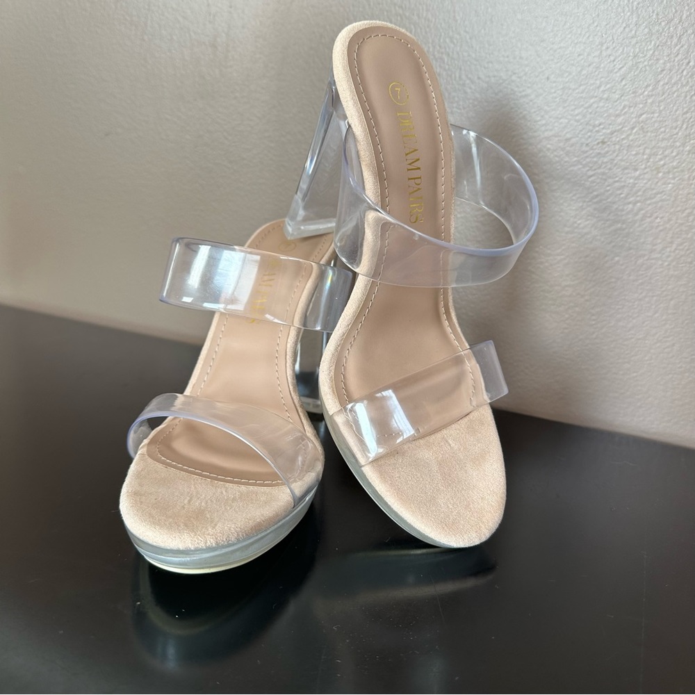 DREAM PAIRS Women's Clear Two Strap Open Toe High Block Chunky Slip Size 7